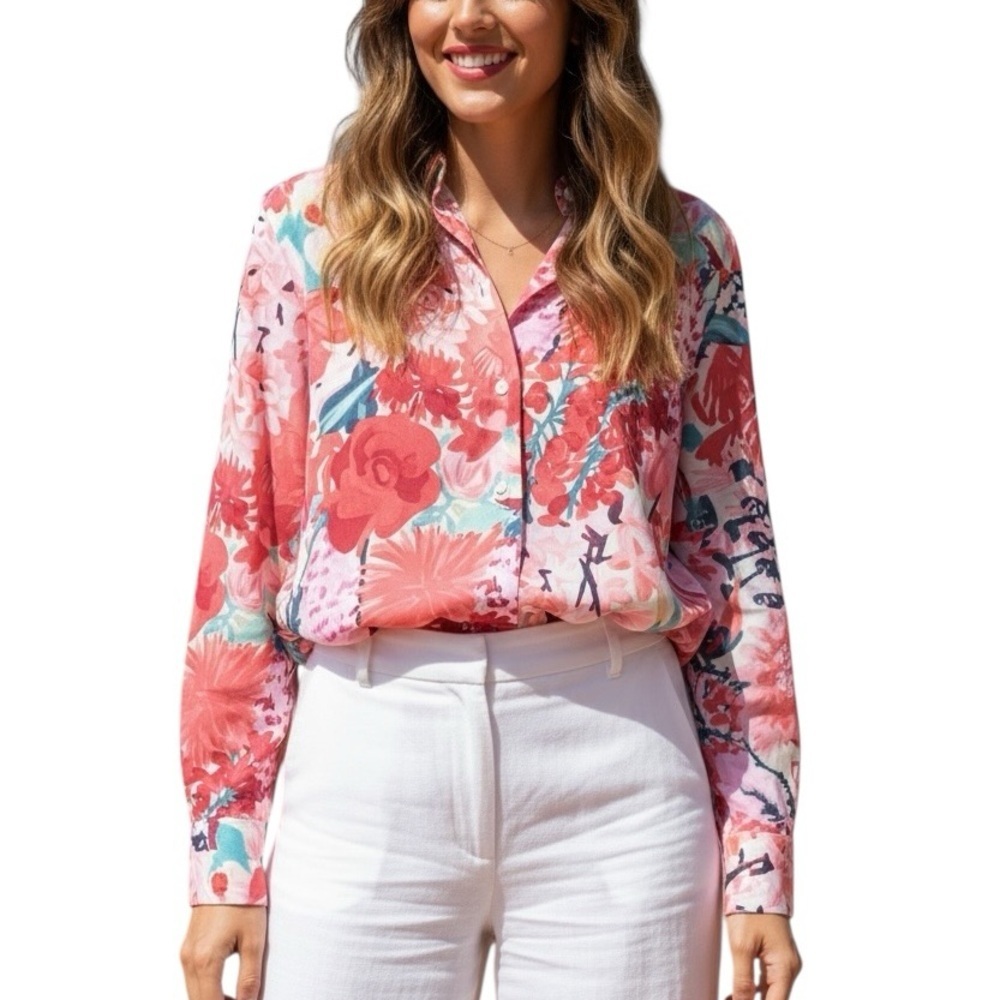 H&M Medium Bold Pink Floral Long Sleeve Button Front Blouse Feminine Office
